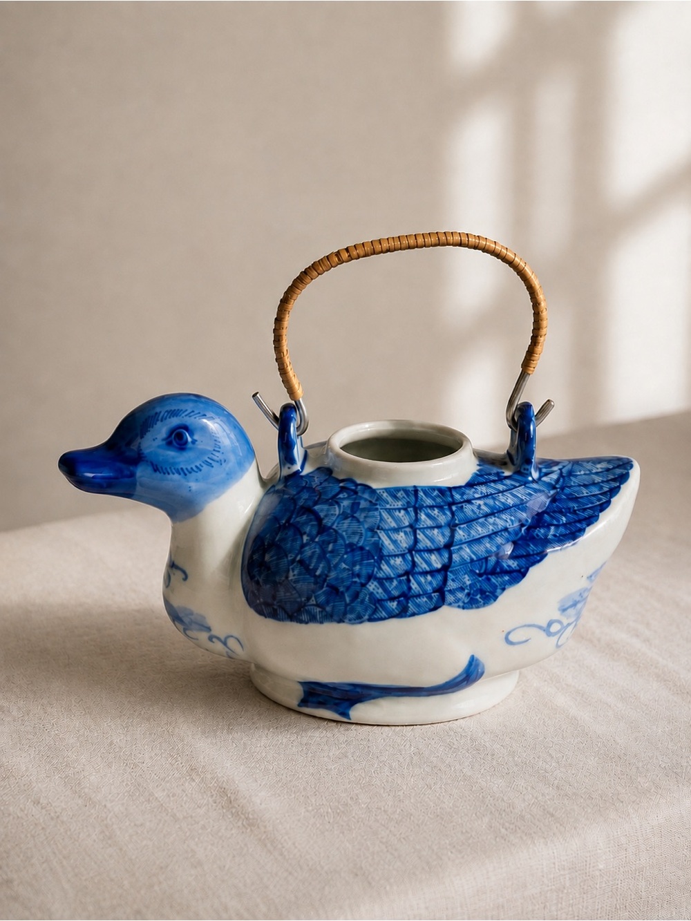 Vintage Blue White Ceramic Duck Teapot Hand Painted Chinoiserie